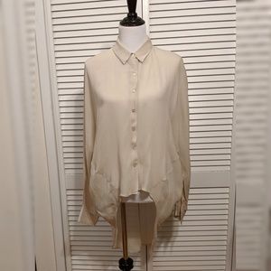 Textured Sheer Silk High Low Button Down Blouse